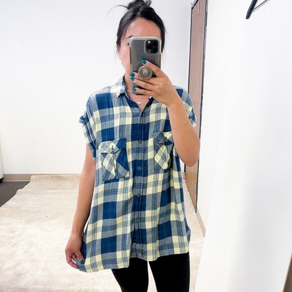 Rails x Free People | Button Down Cuffed Plaid Shirt Oversized Yellow Blue | S - Picture 4 of 10